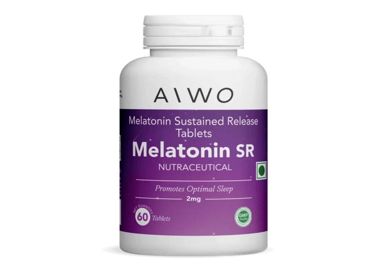 A white bottle of AIWO Melatonin SR tablets promoting optimal sleep, containing 60 tablets with a dosage of 2mg each.