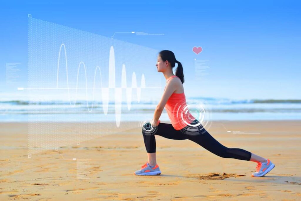 A person performs a lunging exercise on a beach, with digital health metrics projected around them against a clear blue sky.